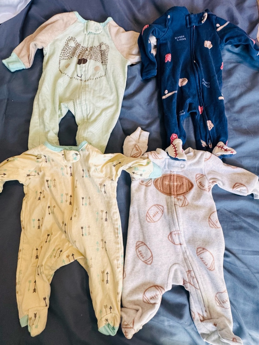 Baby Unisex Football & Arrow Print One-Piece Sleepers - Blue, Light Green, Cream